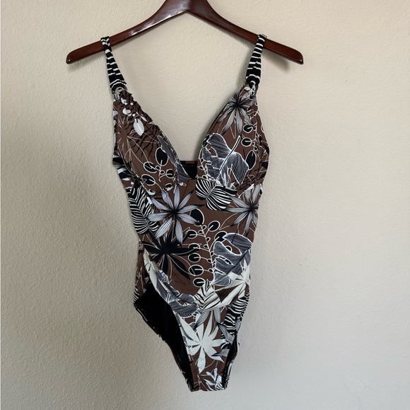Floral Brown and Black Kids One Piece Swimsuit - Picture 1 of 9